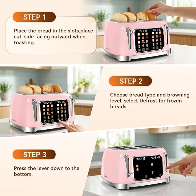 RONGBEST Retro Toaster 4 Slice with Stainless Steel Wide Slot Touchscreen for Family Breakfast, Reheat & Defrost, 6 Browning Levels for Bagel & Bread, Removable Crumb Tray, Blush Pink