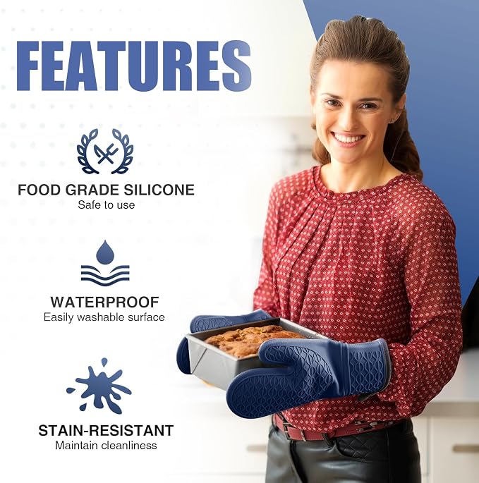 Silicone Oven Mitts, Heat Resistant 2PCS Oven Mitts with Soft Cotton Lining, Waterproof Non-Slip Grip Oven Glove, Kitchen Potholder Mits for BBQ, Baking, Cooking, 12.5 Inch - Dark Blue