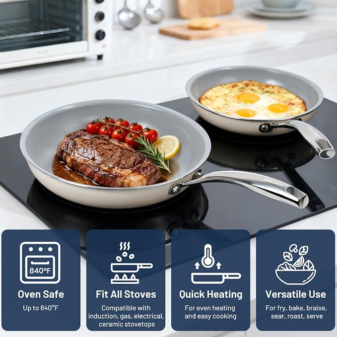 Kikcoin Ceramic Nonstick Frying Pan Set, 3 Pack 8/9.5/11 Inch Skillets, PFAS-Free Non Toxic Pans for Cooking, Induction, Oven & Dishwasher Safe