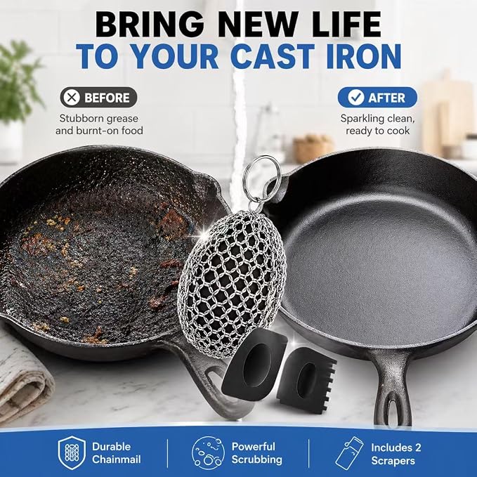Cast Iron Scrubber Chainmail, 316 Stainless Steel Pot Cleaner with Pan Scraper, Heavy Duty Rust Remover for Cast Iron Skillet, Grill, Dutch Oven – Dishwasher Safe, Heat Resistant Kitchen Cleaning Tool