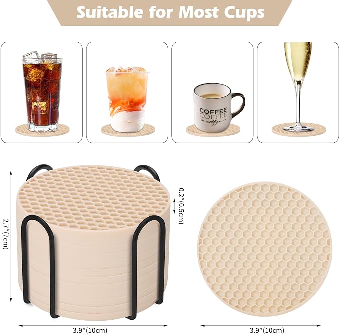 TWTLi Silicone Coasters Set of 12 with Holder — Non-Slip Drink Coasters for Coffee Table, Home Bar & Kitchen, Protects Wood & Marble Surfaces from Water Rings, Dishwasher Safe (Tapioca)