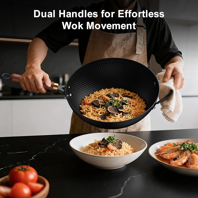 Todlabe Wok with Lid, 13 Inch Carbon Steel Woks & Stir-fry Pans Nonstick | Pre-Seasoned 5.6QT Flat Bottom Chinese Wok Pan with Lid, PFOA/PTFE free Cookware Compatible with All Cooktops