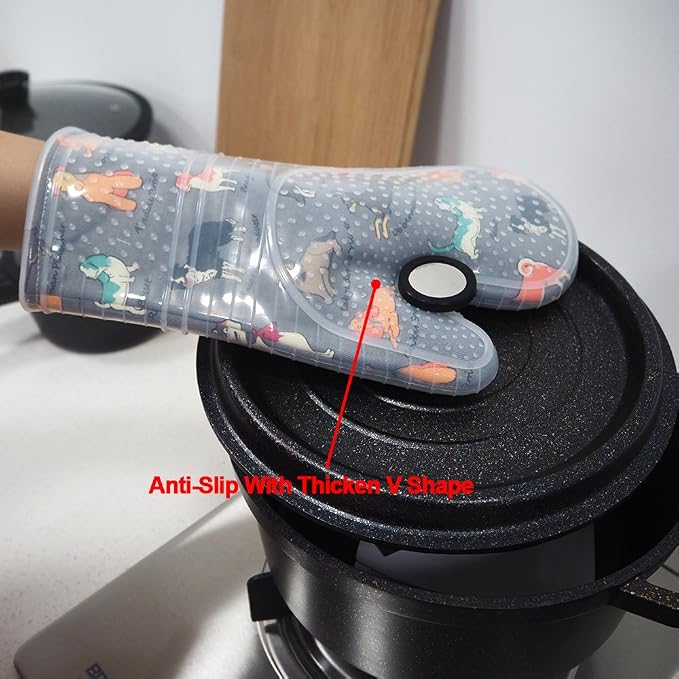 Oven Mitts with Transparent Clear Silicone Shell and Nice Dog Printing | Cotton Lining Set of 2 Kitchen Mittenes Heat Resistant to 500 F Oven Gloves Pot Holder for Cooking (Grey)