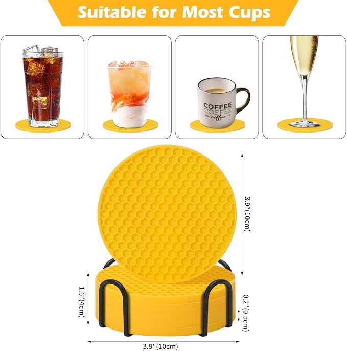 TWTLi Silicone Coasters Set of 6 with Holder — Non-Slip Drink Coasters for Coffee Table, Home Bar & Kitchen, Protects Wood & Marble Surfaces from Water Rings, Dishwasher Safe (Yellow)