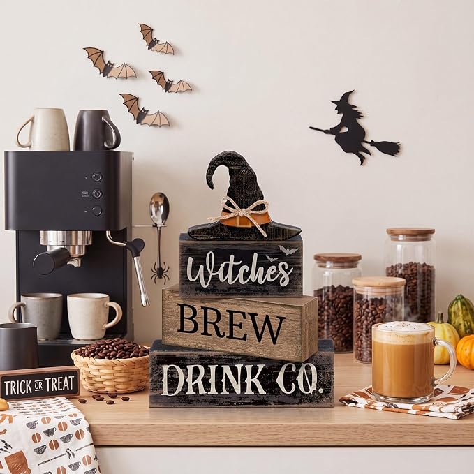 Lineshading 4 Pcs Halloween Witch Wood Block Signs, Tiered Tray Decor | Rustic Wooden Blocks with Witches Brew Theme, Distressed Farmhouse Style for Tabletop, Fall Party Home Decoration