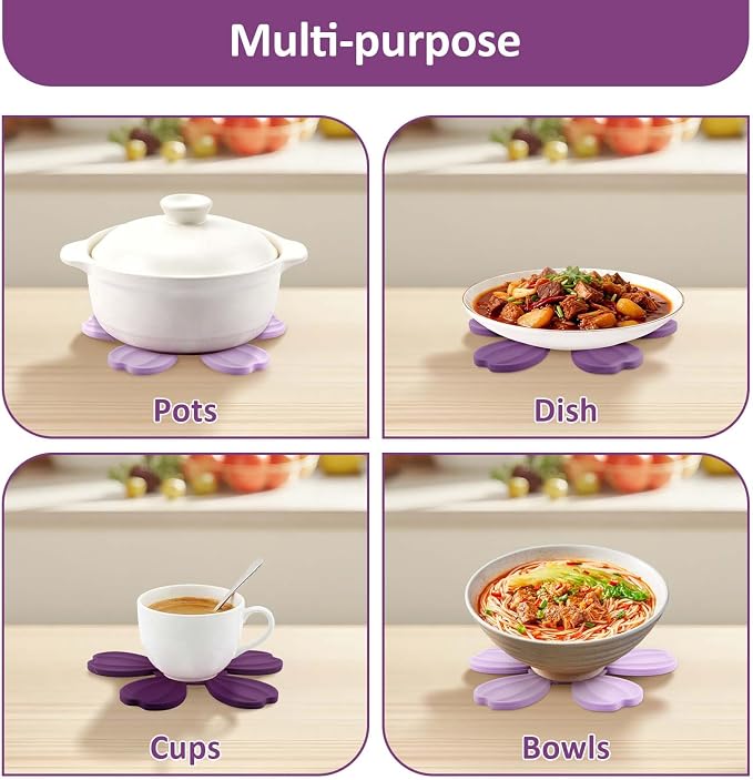 Silicone Trivets for Hot Dishes - Expandable/Collapsible Design Tree Trivets Set for Hot Pans/Dishes/Plates/Pots/Teapots/Bowl/Warming Trays,Hot Pads for Table,6 Trivets+1 Stand (Purple)