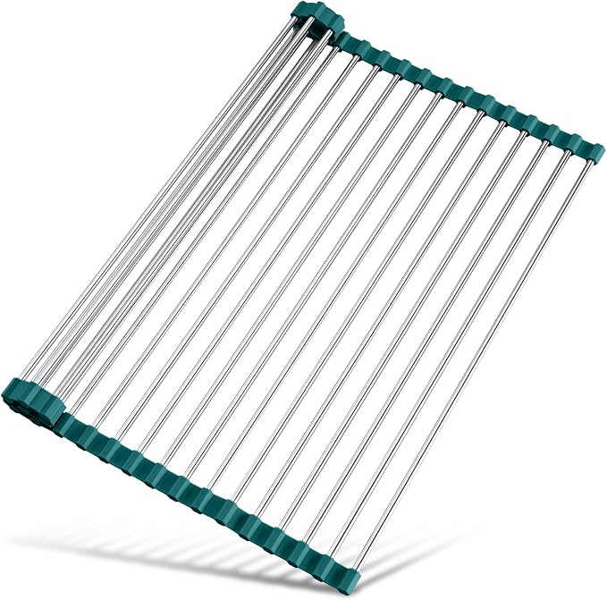 Tomorotec Roll Up Dish Drying Rack Over Sink,304 Steel,17.7x15.5,DarkGreen | Anti-Slip Silicone Rims For Grip, Heat-Resistant Trivet Mat Holding Heavy Cookware, Rustproof Kitchen Counter Space Saver