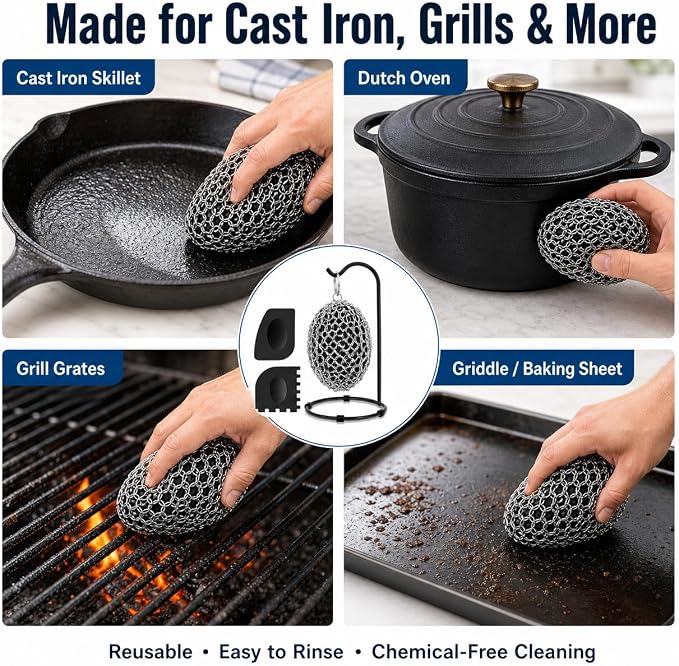 Cast Iron Scrubber Chainmail, 316 Stainless Steel Pot Cleaner with Pan Scraper, Heavy Duty Rust Remover for Cast Iron Skillet, Grill, Dutch Oven – Dishwasher Safe, Heat Resistant Kitchen Cleaning Tool