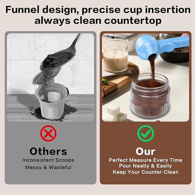 2-in-1 Coffee Scoop with Funnel, 2 Tbsp Measuring Spoon for Reusable K Cups, Ground Coffee, Protein Powder & Tea, Mess-Free Plastic Design（Light Biue-2pack）