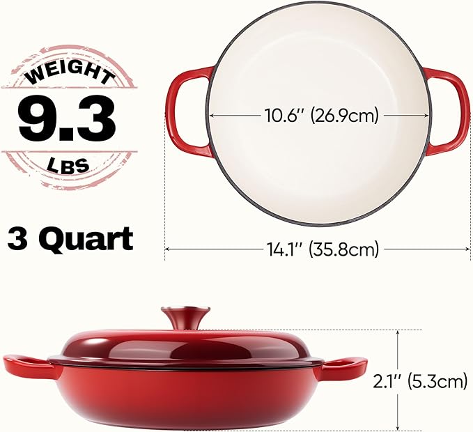 3 Quart Enameled Cast Iron Braiser, Non Stick Enameled Cast Iron Skillet with Lid, Dutch Oven Skillet with lid up to 500°F for Oven, Stove, Grill, Shallow Dutch Oven for Cook, Bake (Red)