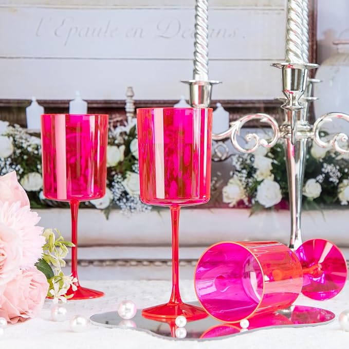 Ciaell 12 Pack Hot Pink Plastic Wine Glasses for Weddings Parties | 10 oz Hot Pink Stemmed Cups, Heavy Duty Plastic, Wine Champagne Cocktails Beverages for Anniversaries Birthdays Bars