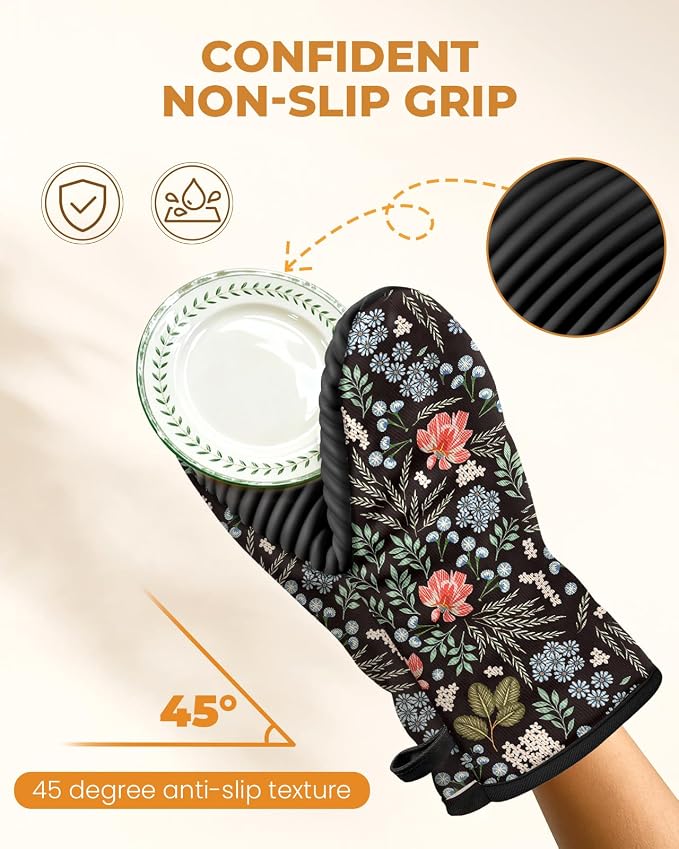 100% Thick Cotton Oven Mitts Ribbed Soft Silicone Bright Flower | Aesthetic Oven Mitts for Women, Machine Washable Non-Slip Kitchen Mitts, Reversible for Both Hands, Stylish Kitchen Decor