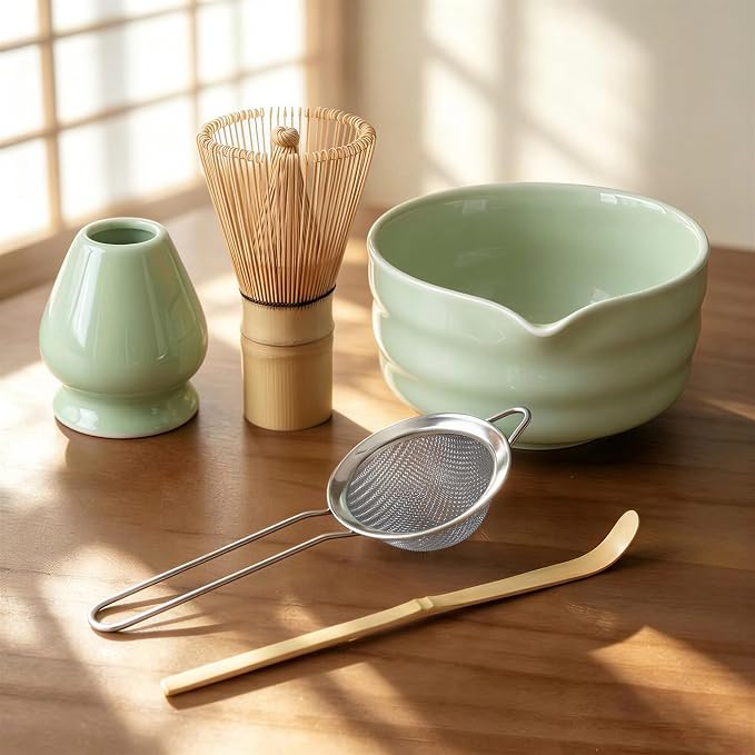 Matcha Whisk Set with Ceramic Bowl - Complete Matcha Making Kit, Bamboo Whisk (Chasen), Whisk Holder, Matcha Powder Sifter, Scoop, Japanese Tea Ceremony Tools（Green）