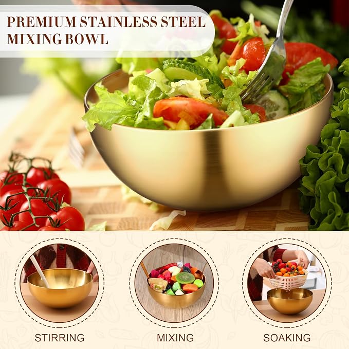 Nuogo 10 Pcs Gold Bowls 9.8 Inch Stainless Steel Mixing Bowls Decorative Esthetician Bowl for Facial Metal Serving Bowl for Holiday Birthday Party Wedding Baking Prepping Salad Fruit Soup