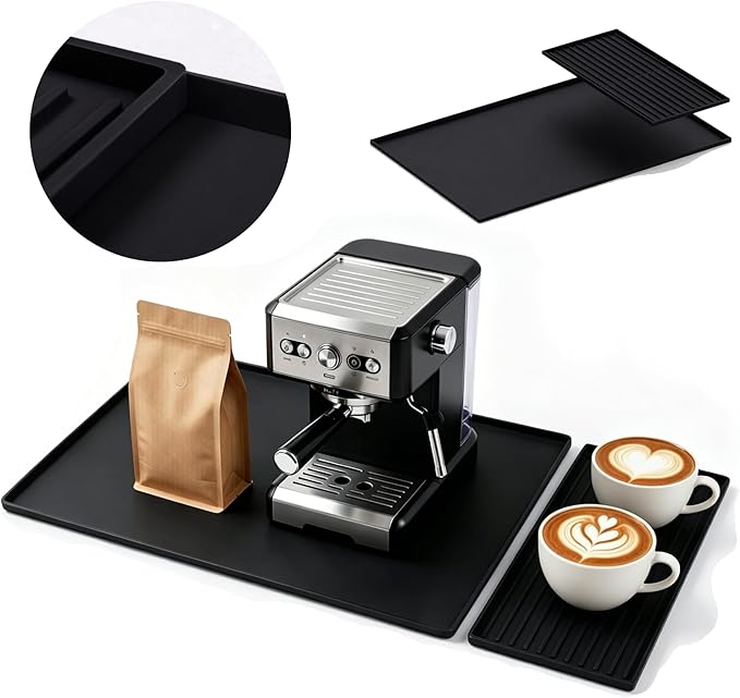 Silicone Coffee Mat 24 x 16 in with Tray, Classic Black | Coffee bar mat for countertop use, coffee station mat or coffee machine mat with removable tray and 0.47 in raised rim.