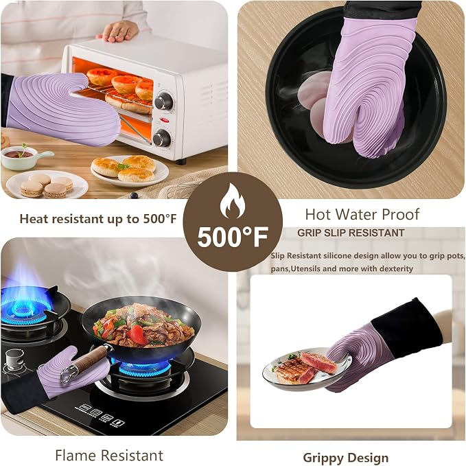 Silicone Oven Mitts-13.6 in Extended Oven Mitts Heat Resistant 500F, Oven Gloves with Soft Liner Good Grippy BPA-Free Easy to Clean Flexible-Oven Mits Set for Cooking Baking Grilling BBQ