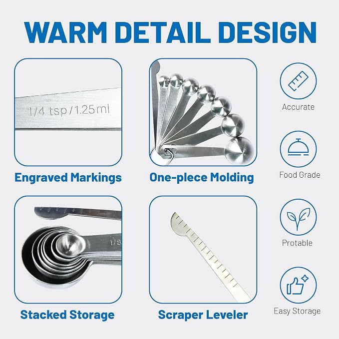 8PCS Measuring Spoons, Premium Heavy Duty Stainless Steel Measuring Spoons Cups Set, Small Tablespoon with Metric and US Measurements, Set of 8 for Measuring Dry and Liquid Ingredients