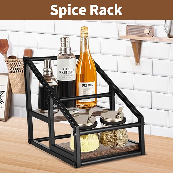 YQBRAO 2-Tier Coffee Syrup Organizer, 4-Bottle Rack, Rustic Brown | Holds 4 bottles in a narrow two-tier footprint for small counters, coffee corners, apartments, and bar carts.