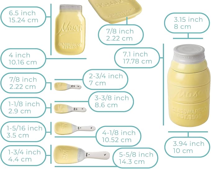 Comfify Yellow Mason Jar Measuring Set – 4 Cups, 4 Spoons, Spoon Rest | Yellow; ceramic; 9-piece set; 4 measuring cups + 4 measuring spoons + spoon rest; mason jar design; hand wash only