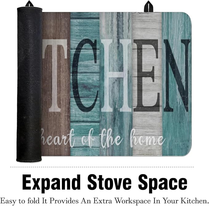 Farmhouse Stove Top Cover for Electric Stoves,Teal and Brown Wooden Farmhouse Turquoise Stove Top Cover for Kitchen Decor,Heat Resistant Cooktop Protector Mat,Non-Slip Washable Dish Drying Mat 28"x20"