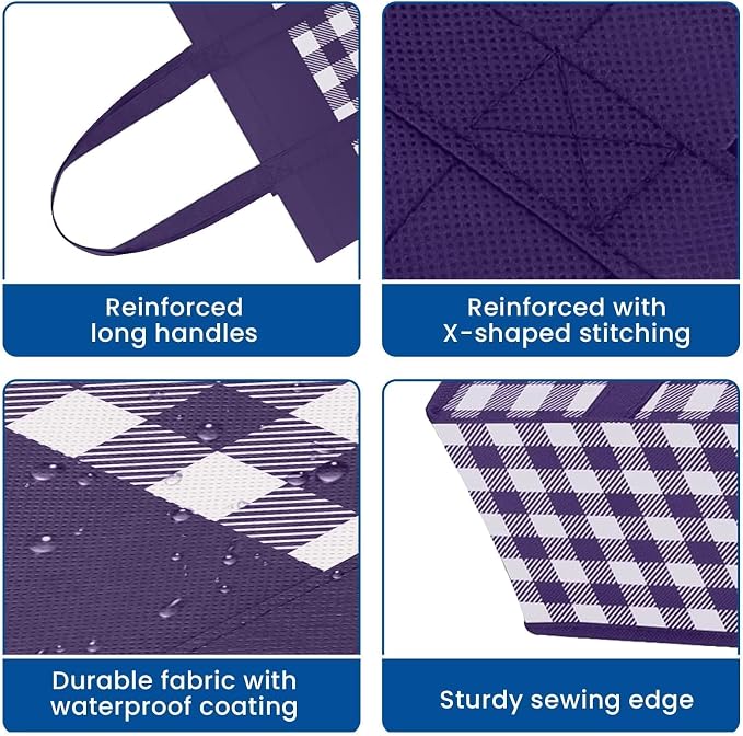 Reusable Grocery Shopping Bags 10 Pack Large Foldable Tote Bags Bulk | Eco Produce Bags with Long Handle for Shopping Groceries Clothes (Plaid C)