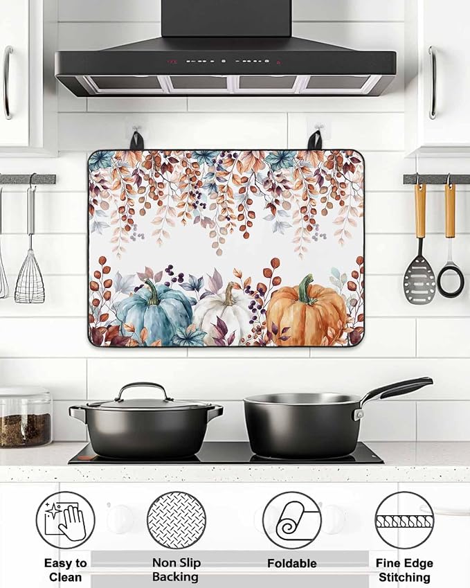 Stove Top Covers for Electric Stove 36x21 Inches, Fall Eucalyptus HeatResistant Glass Cooktop Protector, Orange Blue Pumpkins Thanksgiving Leaves Ceramic Stovetop Countertop Covers Mat, Oven Cover