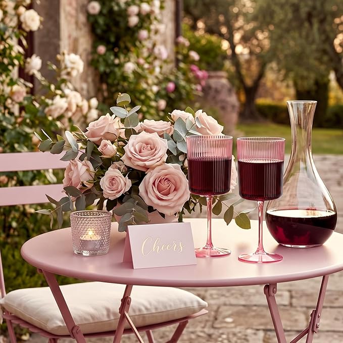 Ciaell 12 Pack Pink Plastic Wine Glasses for Weddings Outdoor Gatherings | 10 oz Pink Ribbed Square Stemmed Cups, Heavy Duty Plastic, Champagne Wine Cocktails Beverages for Parties Birthdays Dinners