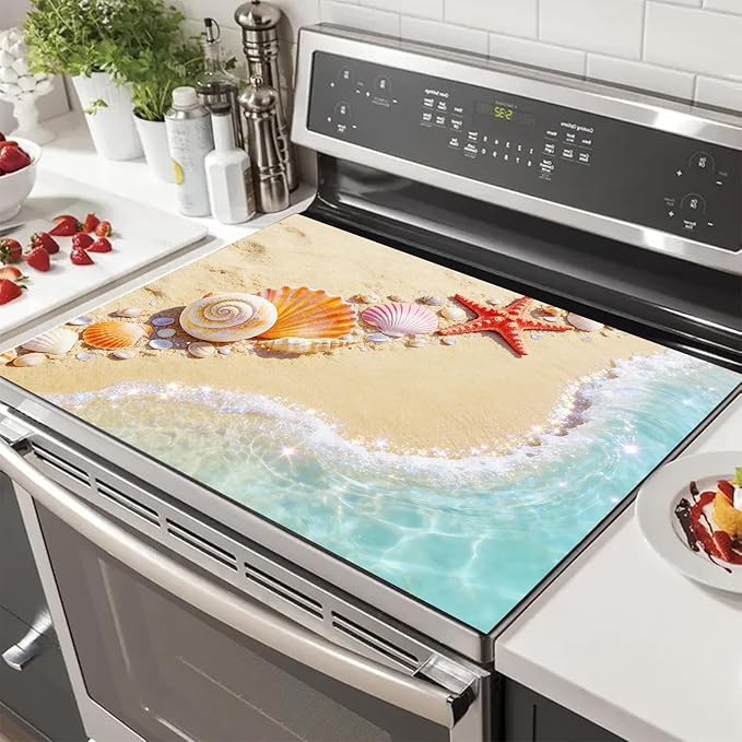 HOMETITUTE Summer Stove Top Covers for Electric Stove 28x20 Inches Heat Resistant Glass Cooktop Protector Pad Coastal Seashell Beach Decorative Stovetop Cover for Kitchen Coffee Bar Decor