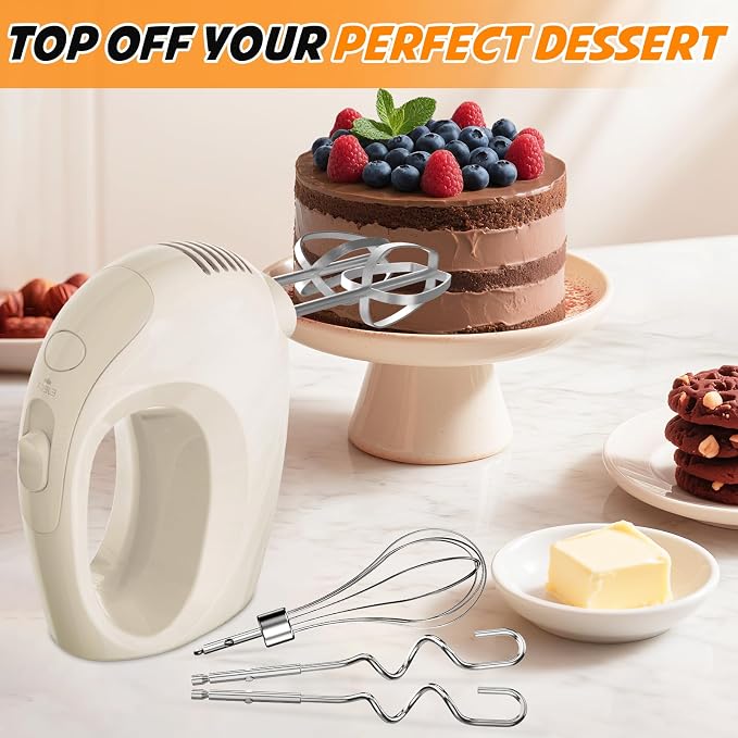 Showvigor Electric Hand Mixer with 5 Stainless Steel Whisks,5 Speed,Ivory | Portable Kitchen Mixer Electric Whisk, Food Beater for Whipping Mixing Cookies