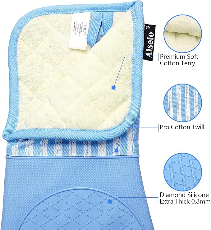 Alselo Silicone Oven Mitts Heat Resistant 932℉ with Waterproof & Non-Slip | Kitchen Mittens Set of 2,Extra Long Oven Gloves with Soft Cotton Terry Lining for Baking Cooking Barbecue (Blue,2)
