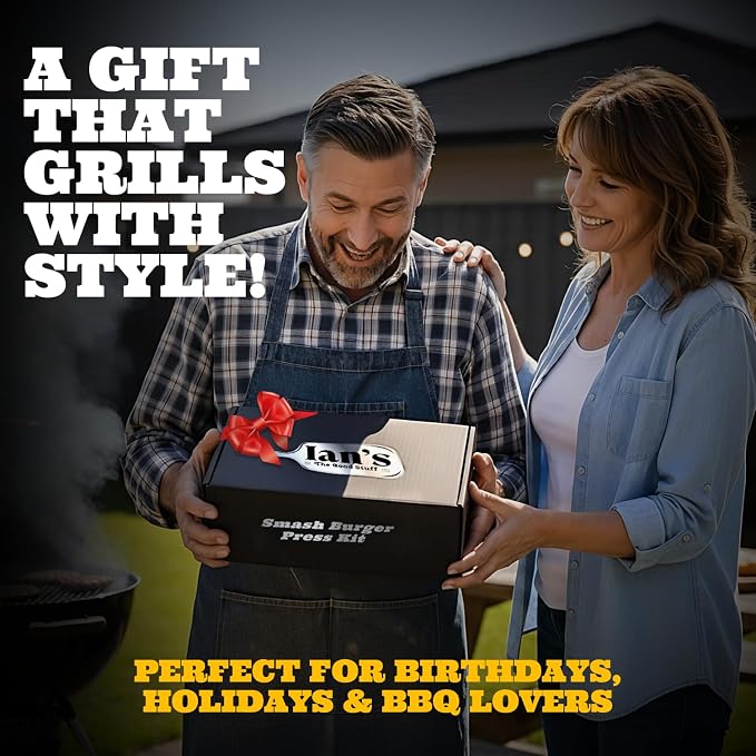 IAN's Smash Burger Press Kit - Cast Iron Burger Press (6.5 in), Smash Burger Spatula, Patty Pakers & Seasoning Shaker - Griddle, Flat Grill, Hibachi Accessories - Gifts for Dad
