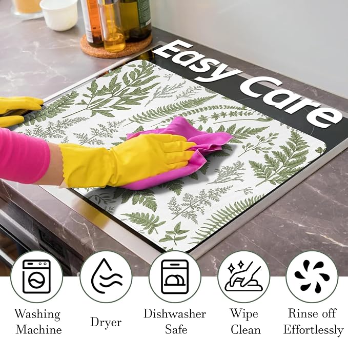 Boho Glass Stove Top Cover for Electric Stoves,Botanical Fern Plant Floral Farmhouse Stove Top Cover for Kitchen Decor,Heat Resistant Cooktop Protector Mat,Non-Slip Washable Dish Drying Mat 28"x20"