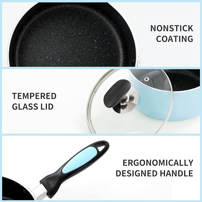 Nonstick Saucepan Set with Lid, Non Stick 1Qt & 2Qt Sauce Pan Set with Glass Lid Small Pot for Home Kitchen