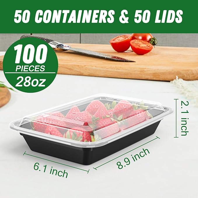 Dealusy 50 Pack (100-Piece) 28 oz Meal Prep Containers Reusable with Lids | Sturdy Leakproof & Food Safe, Microwave, Freezer, Dishwasher Safe Prep Containers, To Go Take Out Plastic Food Storage