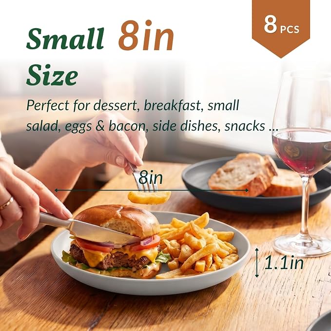 Deep Dinner Plates Set of 8 Alternative for Plastic Microwave and Dishwasher Safe Wheat Straw Kitchen Unbreakable Kids with 4 Colors (Stone Grey, 8 inch),(Deep plates-8)