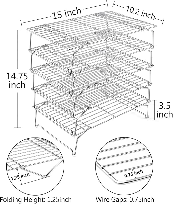 TeamFar Cooling Rack, 5-Tiers Stainless Steel Baking Cooling Wire Rack | for Baking Roasting Cooking, Healthy & Firmly Weld, Stackable & Collapsible, Dishwasher Safe, 15"x10"
