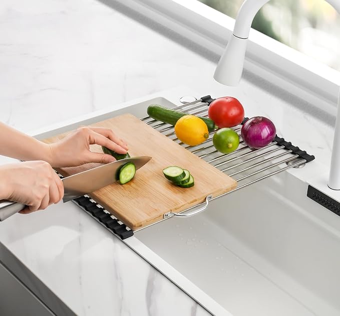 Tomorotec Roll Up Dish Drying Rack Over Sink, 304 Steel, 17.7x12.5, Black | Anti-Slip Silicone Rims For Grip, Heat-Resistant Trivet Mat Holding Heavy Cookware, Rustproof Kitchen Counter Space Saver
