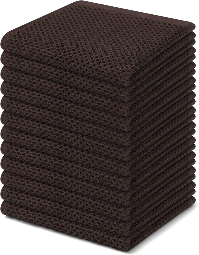 Homaxy 100% Cotton Waffle Weave Kitchen Dish Cloths 12-Pack, Dark Brown | 12 x 12 Inches, Ultra Soft Absorbent Dish Towels, Quick Drying Dish Rags with Hanging Loop