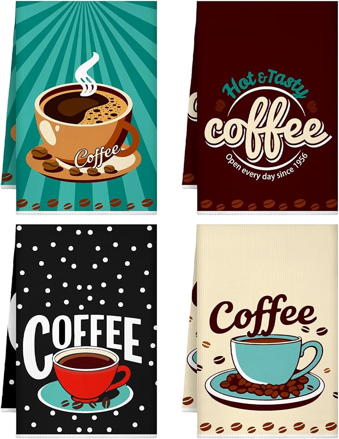 4 Pcs Coffe Kitchen Towels, Retro Coffee Cup Hand Tea Towels Gift | Fast Drying Dishcloth Housewarming Gift for Cooking Kitchen Bathroom Home Party Coffee Bar Decor