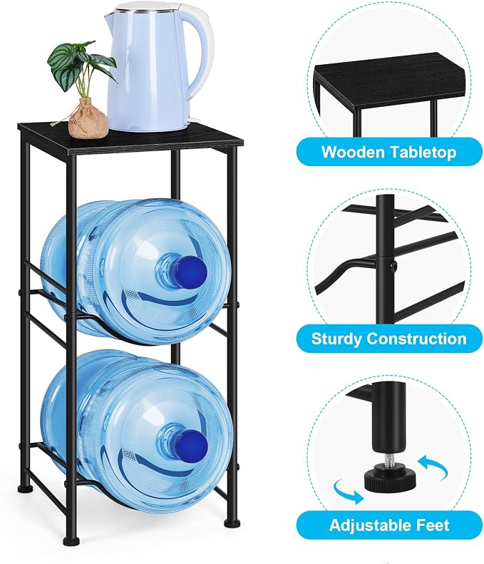 Water Bottle Holder Organizer 5 Gallon Water Jug Holder with Top Shelves 2 Tier Water Cooler Jug Storage Rack Heavy Duty Water Dispenser Stand for 5 Gallon Bottle Kitchen Office Living Room Black