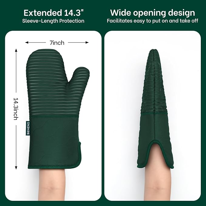 Beneno Heat Resistant 500°F Kitchen Oven Mitts 2-Pack, 7.5"x14.3", Green | Textured Non-Slip Silicone Grip, Extra Long Forearm Protection, Soft Quilted Cotton Terry Lining, Ideal for Baking & Grilling