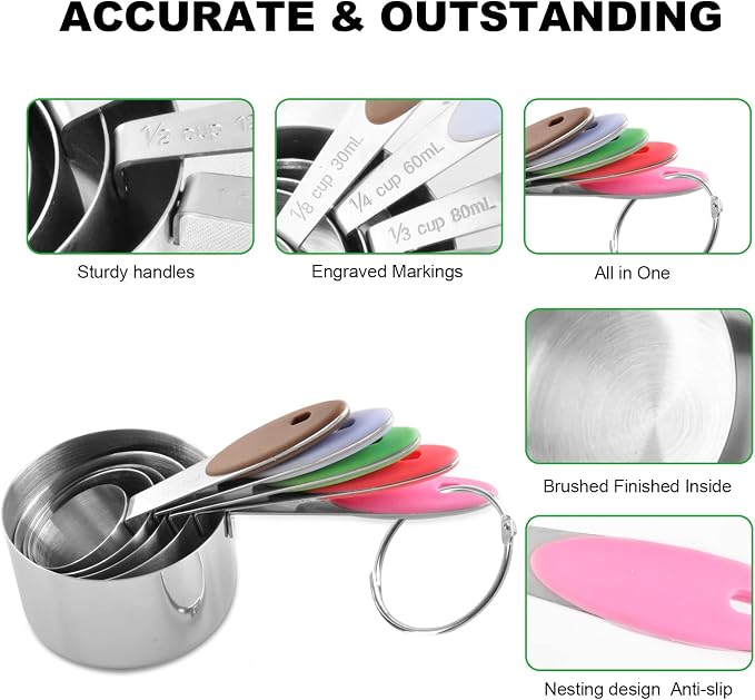 EDELIN Measuring Cups and Magnetic Measuring Spoons Set, Stainless Steel 5 Cups and 7 Spoons (Multi-colour)