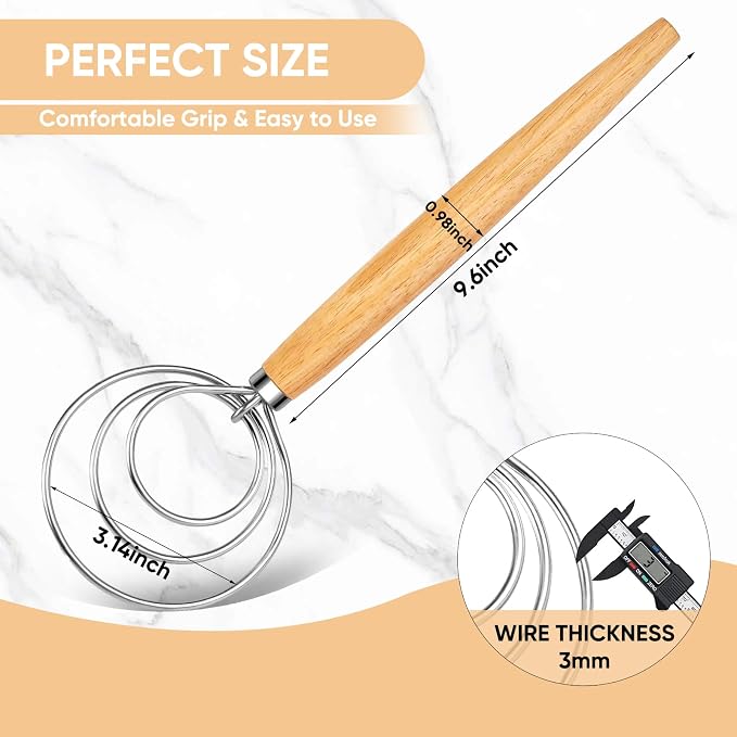 Maxjoy Danish Dough Whisk, Stainless Steel Wooden Bread Tool for Sourdough | Wooden Handle Dutch Dough Hook, Replaces Mixer and Spoon for Sourdough Pastry Pizza, Food Safe, Rust Resistant, Easy Clean