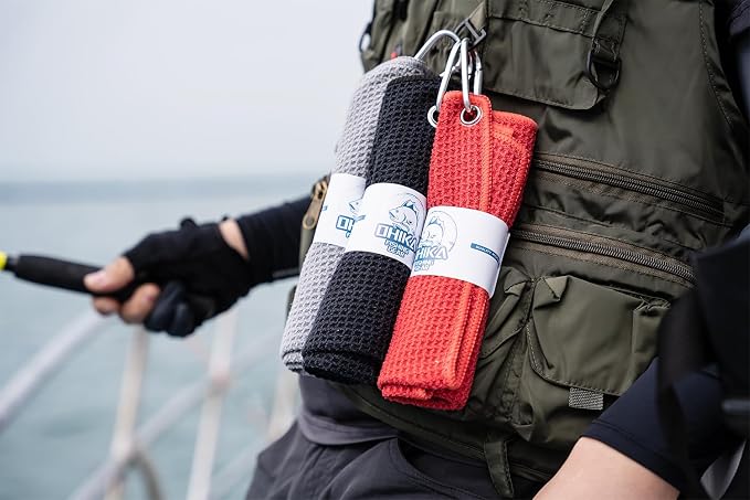 Microfiber Fishing Towels with Clip, Waffle Pattern for Effective Cleaning of Fishing Gears or Dirty Hands, 16” x 16”, Camping Towels, Hiking Towels, Pack of 3 (Black/Grey/Red)