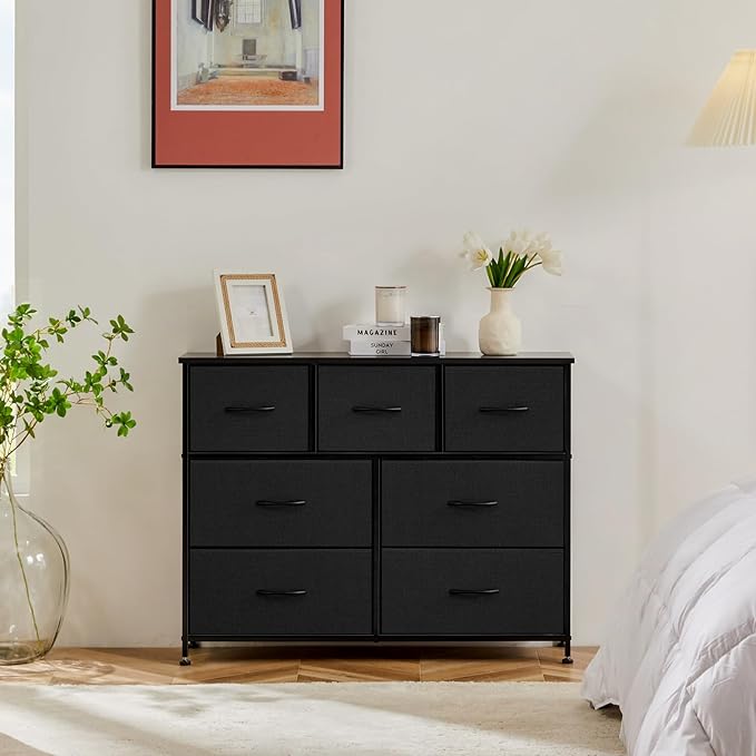 Sweetcrispy 7 Drawer Fabric Dresser for Bedroom Storage with Bins, Black | Anti-Tip Closet Organizer with Wooden Top and Sturdy Steel Frame, Spacious Drawers for Clothes Storage, Hallway Entryway