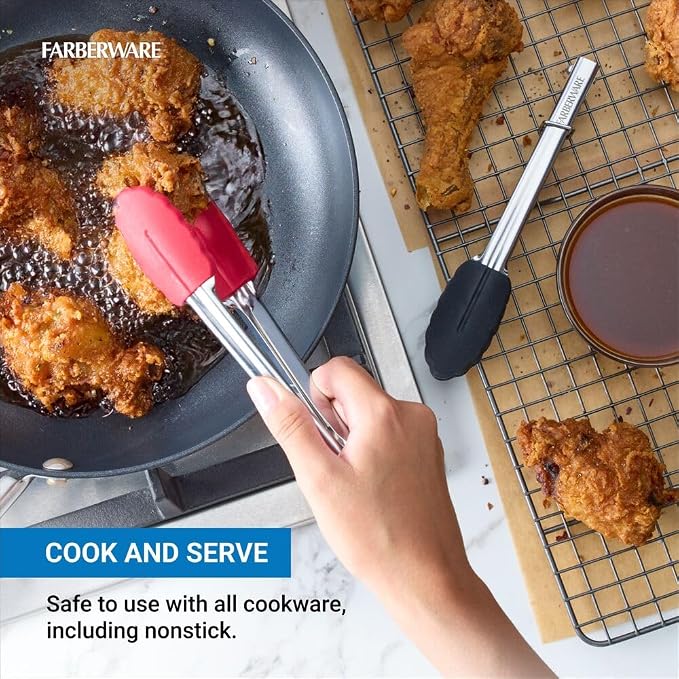 Farberware Mini Kitchen Tongs Set of 2, 7 Inch Stainless Steel Cooking Tongs with Silicone Tips, Heat Resistant to 450F, Ring Lock for Compact Storage, Dishwasher Safe, Red and Black