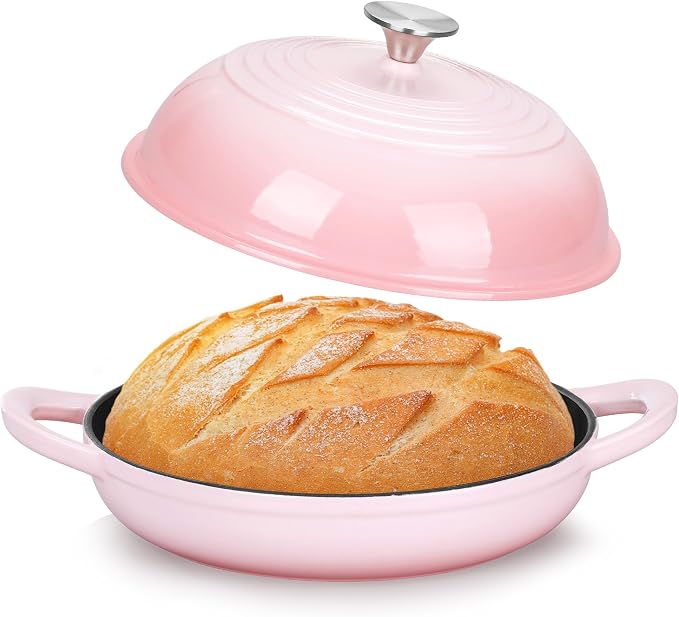 TeamFar Cast Iron Bread Dutch Oven, 6 Qt Enameled Dutch Oven Pot | for Sourdough Bread Baking, with Tall Dome Lid & Round Base Pan, Self-Basting & Even-Heating, Heavy-Duty & Non-stick, Pink