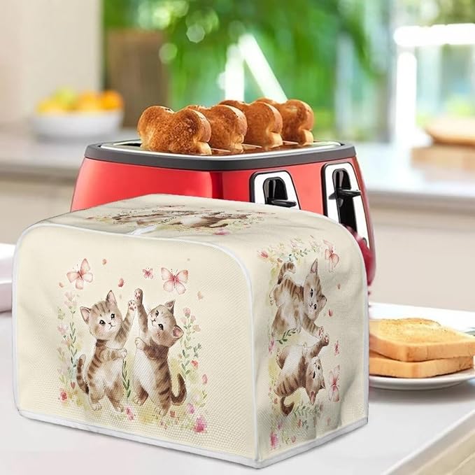Cat Butterfly Print Toaster Cover For Home Office, Spandex Quilted Toaster Cover 2 Slice Wide Slot Breadmaker Cover Stain And Fingerprint Protection, Beige