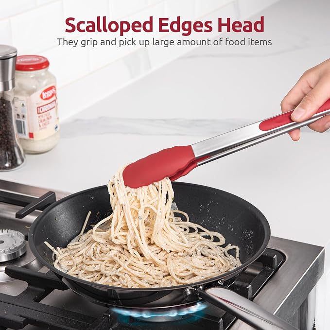 U-Taste Kitchen Tongs for Cooking, 600ºF Heat-Resistant Silicone, 2Pcs/Red | Tong Utensils Set 9/12in, Salad/Grill/BBQ Plastic Tong for Food Serving, Rubber Tipped Tong with 18/8 Stainless Steel Handle