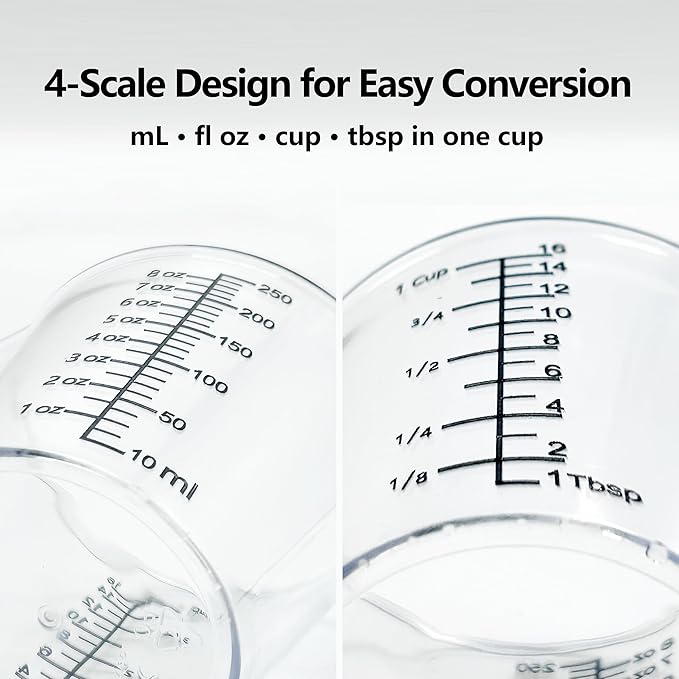 Laser-Etched Measuring Cup Set, 8 oz & 16 oz Clear Plastic Liquid Measuring Cups, Permanent oz/cup/Tbsp/mL Markings, Food-Grade for Baking & Cooking